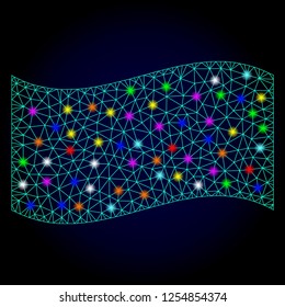 Glossy polygonal mesh waving flag icon with glow effect on a dark background. Carcass waving flag iconic vector with glamour multi colored dots for Christmas illustrations.