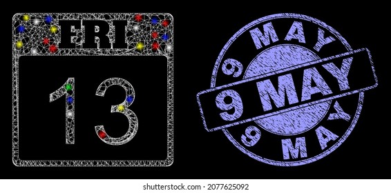 Glossy polygonal mesh web 13 friday calendar page icon with glow effect on a black background, and 9 May textured stamp seal.