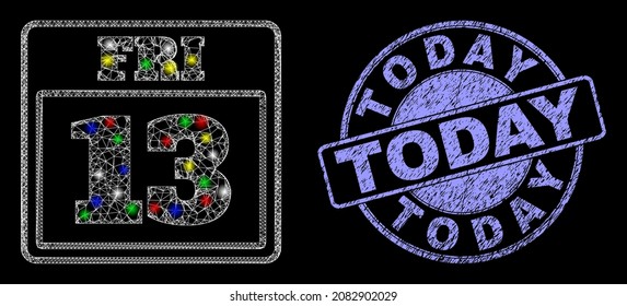 Glossy polygonal mesh web 13 friday calendar page icon with glare effect on a black background, and Today rubber seal imitation. Illuminated vector mesh created from 13 friday calendar page icon,