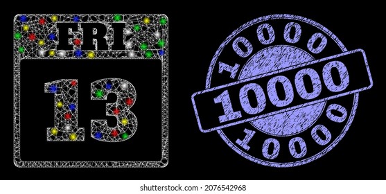 Glossy polygonal mesh web 13th Friday calendar page icon with glitter effect on a black background with 10000 textured seal. Illuminated vector mesh created from 13th Friday calendar page symbol,