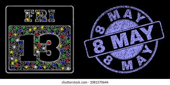 Glossy polygonal mesh web 13th Friday calendar page icon with glare effect on a black background, and 8 May rubber stamp seal. Illuminated vector mesh created from 13th Friday calendar page icon,
