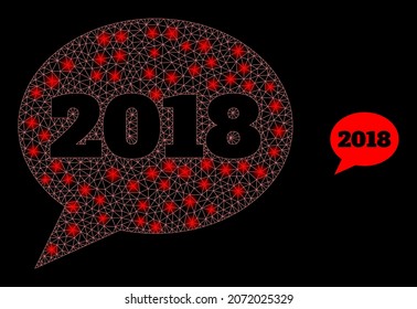 Glossy polygonal mesh web 2018 message balloon icon with glare effect on a black background. Wire frame 2018 message balloon iconic vector with shiny spheres in bright colors.