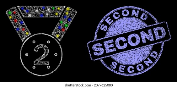 Glossy polygonal mesh web 2nd place medal icon with glow effect on a black background, and Second grunge seal. Illuminated vector mesh created from 2nd place medal icon,