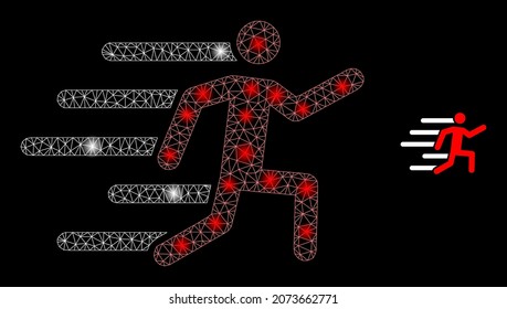 Glossy polygonal mesh web active person icon with glare effect on a black background. Wire frame active person iconic vector with glowing dots in bright colors.