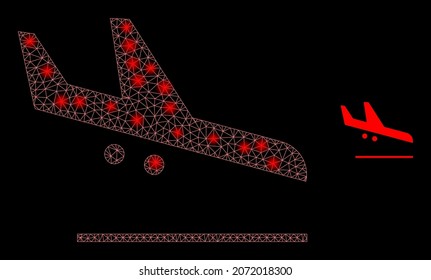 Glossy polygonal mesh web airplane landing icon with glitter effect on a black background. Constellation airplane landing iconic vector with glitter dots in vibrant colors.