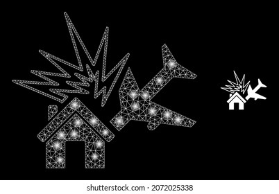 Glossy polygonal mesh web airplane disaster icon with glow effect on a black background. Network airplane disaster iconic vector with flash dots in vibrant colors.