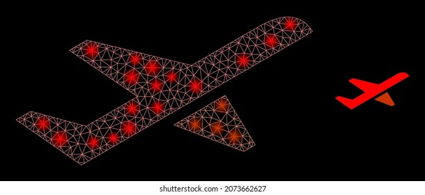 Glossy polygonal mesh web airplane takeoff icon with glare effect on a black background. Network airplane takeoff iconic vector with glowing points in magic colors.