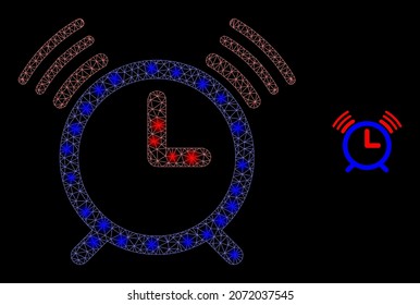 Glossy polygonal mesh web alarm clock icon with glare effect on a black background. Carcass alarm clock iconic vector with shiny dots in majestic colors.