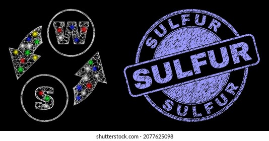 Glossy polygonal mesh web alphabet characters exchange icon with glow effect on a black background, and Sulfur unclean stamp seal.