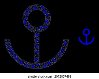 Glossy polygonal mesh web anchor icon with glare effect on a black background. Carcass anchor iconic vector with flash dots in majestic colors. Abstract 2d mesh is designed with polygonal grid,