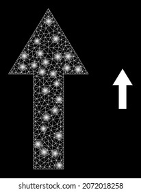 Glossy polygonal mesh web arrow up icon with glare effect on a black background. Wire frame arrow up iconic vector with glitter points in magic colors. Abstraction flat mesh built from polygonal grid,