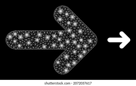 Glossy polygonal mesh web arrow right icon with glitter effect on a black background. Network arrow right iconic vector with glowing points in majestic colors.