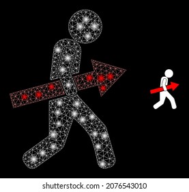 Glossy polygonal mesh web arrow robber icon with glitter effect on a black background. Network arrow robber iconic vector with flash dots in stardust colors.