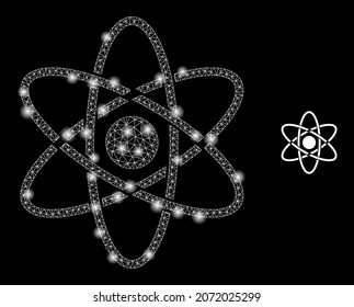 Glossy polygonal mesh web atom icon with glitter effect on a black background. Network atom iconic vector with glitter spheres in bright colors. Abstraction flat mesh designed with polygonal grid,