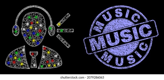 Glossy polygonal mesh web audio operator sound icon with glitter effect on a black background with Music dirty stamp seal. Illuminated vector structure created from audio operator sound pictogram,