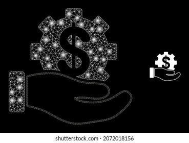 Glossy polygonal mesh web bank service hand icon with glow effect on a black background. Wire frame bank service hand iconic vector with glowing points in magic colors.