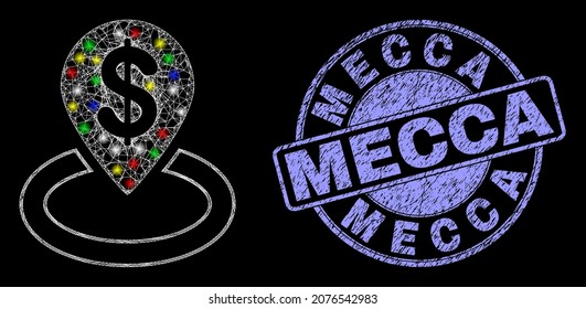 Glossy polygonal mesh web bank location icon with glow effect on a black background with Mecca corroded seal print. Illuminated vector mesh created from bank location symbol,