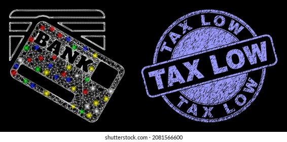 Glossy polygonal mesh web bank cards icon with glitter effect on a black background with Tax Low corroded seal imitation. Illuminated vector model created from bank cards icon,