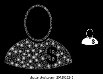 Icono de banquero web de malla poligonal brillante con efecto de brillo sobre un fondo negro. Banquero de red icónico vector con puntos de flash en colores de starpolvo. Malla plana de abstracción diseñada con líneas triangulares,