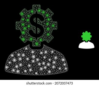 Glossy polygonal mesh web banker gear person icon with glare effect on a black background. Wire frame banker gear person iconic vector with flash dots in bright colors.