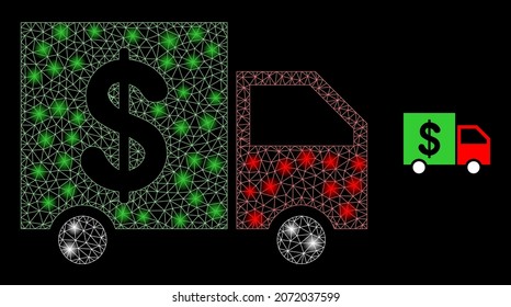 Glossy polygonal mesh web banking delivery icon with glow effect on a black background. Constellation banking delivery iconic vector with glitter dots in magic colors.