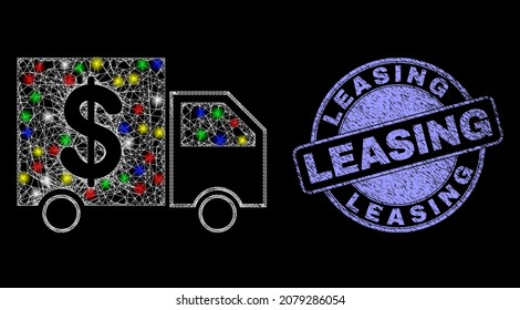 Glossy polygonal mesh web banking delivery icon with glow effect on a black background, and Leasing unclean seal imitation. Illuminated vector mesh created from banking delivery symbol,