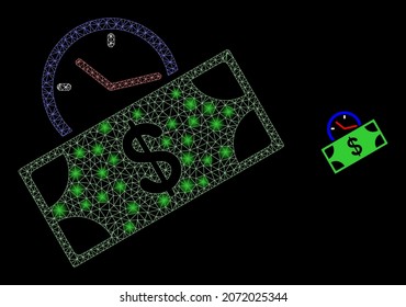 Glossy polygonal mesh web banknote credit time icon with glow effect on a black background. Wire frame banknote credit time iconic vector with flash points in vibrant colors.