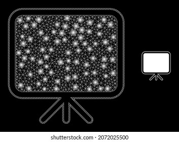 Glossy polygonal mesh web banner board icon with glare effect on a black background. Network banner board iconic vector with glowing dots in magic colors.