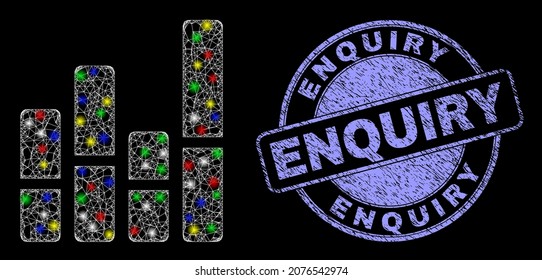 Glossy polygonal mesh web bar chart icon with glitter effect on a black background with Enquiry unclean seal. Illuminated vector mesh created from bar chart icon,