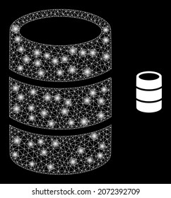 Glossy polygonal mesh web barrel icon with glitter effect on a black background. Network barrel iconic vector with glitter dots in magic colors. Abstract flat mesh is built from polygonal grid,