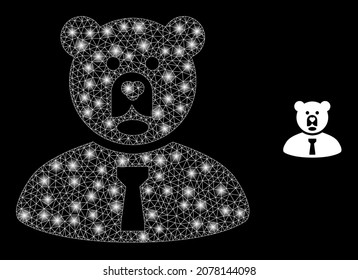 Icono de gestor de oso web de malla poligonal brillante con efecto de brillo sobre un fondo negro. Gestor de osos de red vector icónico con puntos flash en colores mágicos. La malla 2d abstracta está construida a partir de una rejilla poligonal,
