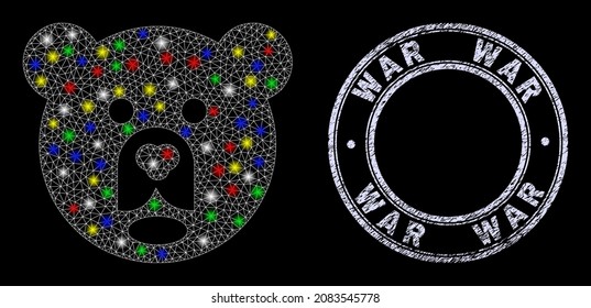 Glossy polygonal mesh web bear head icon with glow effect on a black background, and War unclean seal. Illuminated vector structure created from bear head icon,