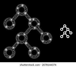 Glossy polygonal mesh web binary structure icon with glare effect on a black background. Carcass binary structure iconic vector with glowing dots in vibrant colors.