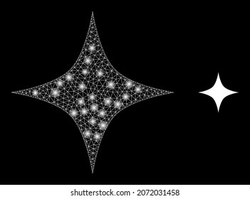 Glossy polygonal mesh web black star icon with glitter effect on a black background. Carcass black star iconic vector with flash points in vibrant colors.