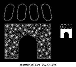 Glossy polygonal mesh web building icon with glare effect on a black background. Wire frame building iconic vector with glowing spheres in majestic colors. Abstract 2d mesh designed with triangles,