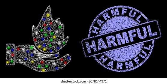 Glossy polygonal mesh web burn hand icon with glare effect on a black background, and Harmful scratched seal. Illuminated vector mesh created from burn hand icon,