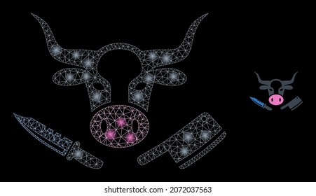 Icono de carnicería de malla poligonal brillante con efecto de brillo sobre un fondo negro. Constellation carnicería icónico vector con puntos brillantes en colores de starrpolvo.