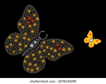 Icono de mariposa de malla poligonal brillante con efecto de brillo sobre un fondo negro. Vector icónico de mariposa de marco de alambre con esferas brillantes en colores vibrantes.
