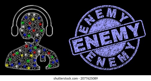 Glossy polygonal mesh web call center serviceman icon with glitter effect on a black background with Enemy scratched stamp seal. Illuminated vector model created from call center serviceman icon,
