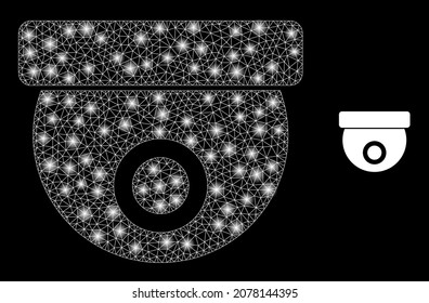 Glossy polygonal mesh web CCTV camera icon with glow effect on a black background. Carcass CCTV camera iconic vector with shiny points in bright colors. Abstraction 2d mesh designed with triangles,