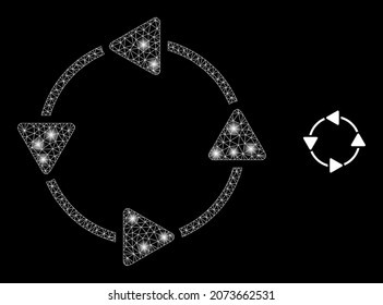 Glossy polygonal mesh web CCW circulation arrows icon with glitter effect on a black background. Constellation CCW circulation arrows iconic vector with illuminated points in bright colors.