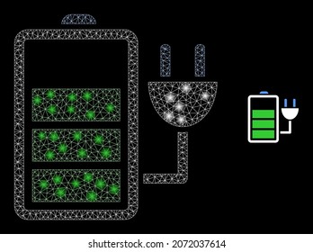 Glossy polygonal mesh web charge battery icon with glow effect on a black background. Wire frame charge battery iconic vector with glamour points in magic colors.