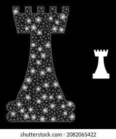 Glossy polygonal mesh web chess queen icon with glare effect on a black background. Constellation chess queen iconic vector with glamour dots in majestic colors.