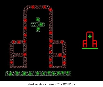 Icono de construcción de la clínica de la red de malla poligonal brillante con efecto de resplandor sobre un fondo negro. Clínica de armazón de alambre construyendo un vector icónico con puntos de brillo en colores de polvo estelar.