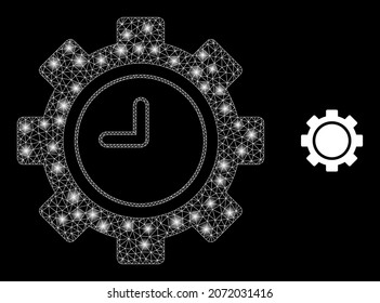 Icono de engranaje con efecto de brillo sobre el fondo negro de la pantalla de la red de malla poligonal brillante. Los ajustes del reloj de red funcionan con un vector icónico con puntos de brillo en colores mágicos.