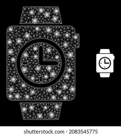 Glossy polygonal mesh web clock watches icon with glitter effect on a black background. Wire frame clock watches iconic vector with glitter spheres in stardust colors.