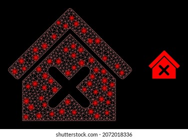 Glossy polygonal mesh web closed house icon with glare effect on a black background. Carcass closed house iconic vector with flash dots in vibrant colors. Abstract 2d mesh built from triangles,