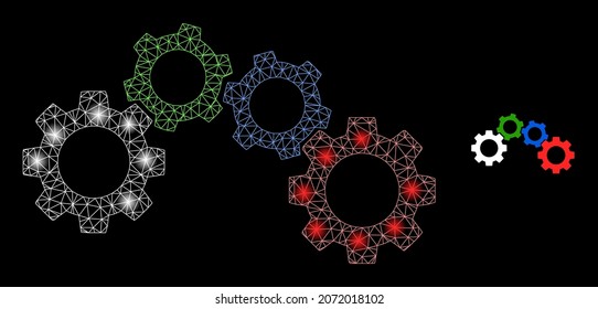Glossy polygonal mesh web cogwheel mechanism icon with glare effect on a black background. Constellation cogwheel mechanism iconic vector with glitter points in stardust colors.