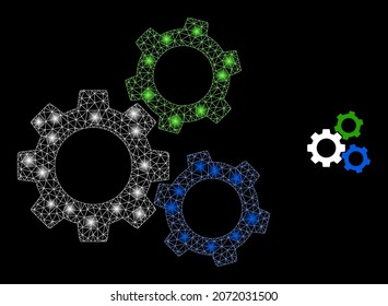Glossy polygonal mesh web cogwheels icon with glitter effect on a black background. Wire frame cogwheels iconic vector with illuminated spheres in magic colors.