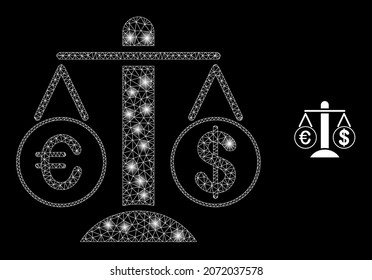 Glossy polygonal mesh web compare euro dollar icon with glitter effect on a black background. Carcass compare euro dollar iconic vector with glitter spheres in magic colors.